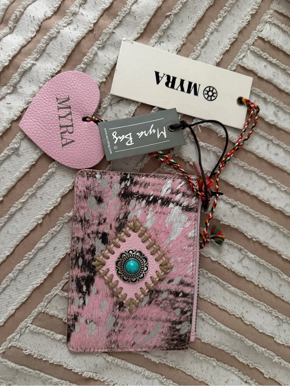 Myra Bag Pink Patterned Compact Wallet with Turquoise Concho